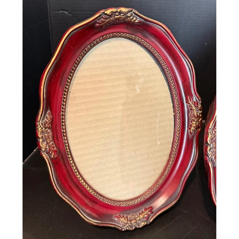 Oval 4x6 Picture Frames Burgundy Red Gold Victorian Scroll 2 Piece Set Ornate